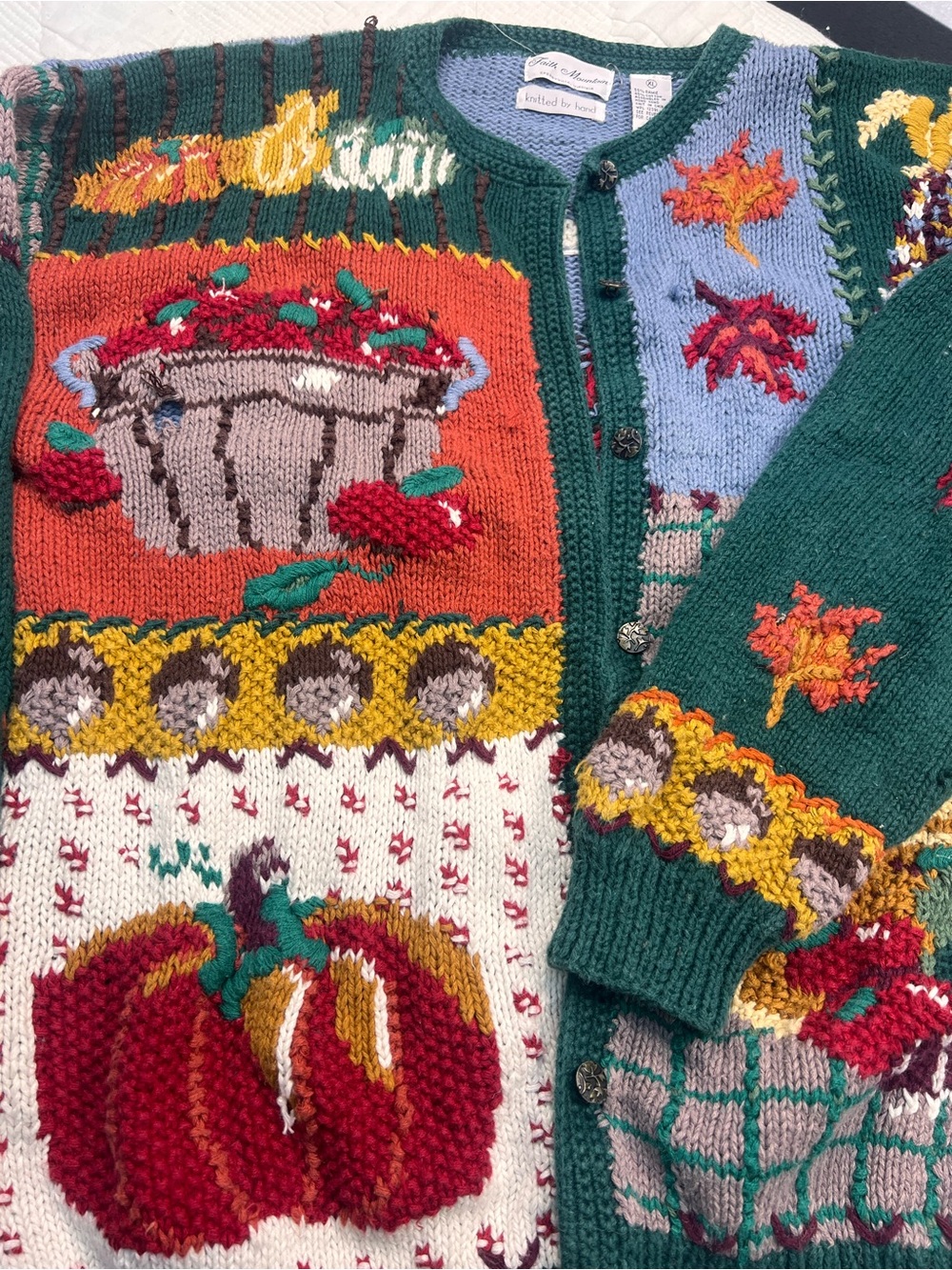 Vintage 90s Faith Mountain Hand Knit Harvest Cardigan Sweater XL Apple Pumpkin
